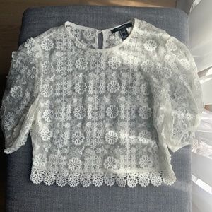 Floral Embroidered Mesh Crop Top - White